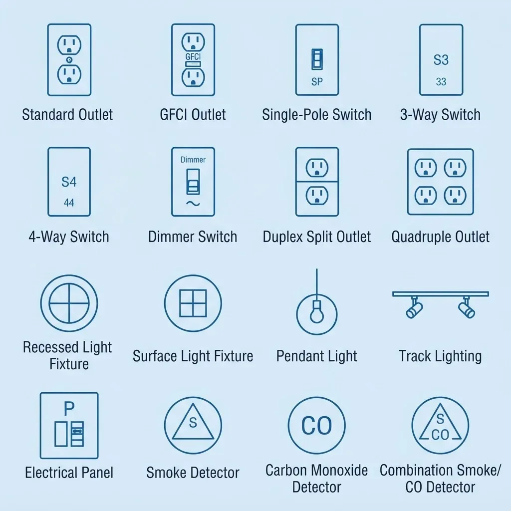 Legend of electrical symbols: outlets, switches, light fixtures, a panel and detectors