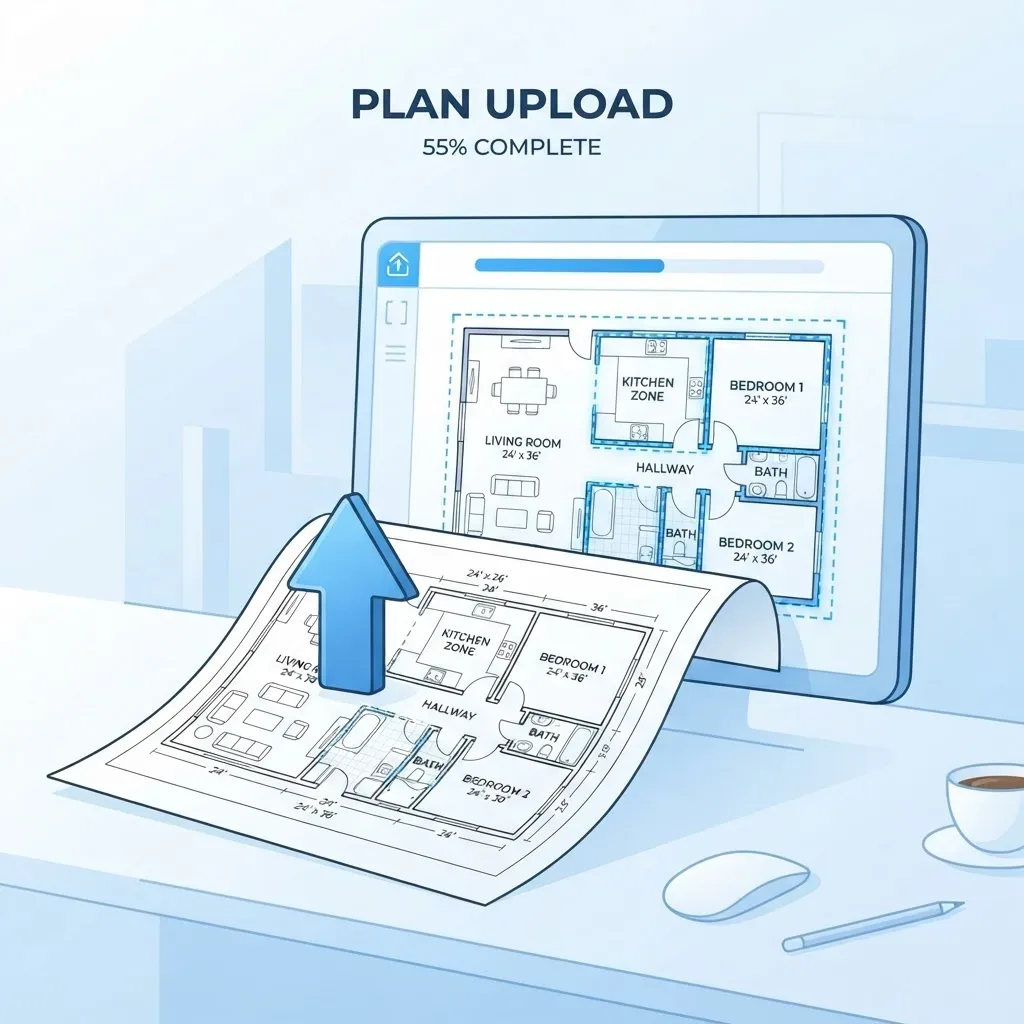 Illustration of a paper floor plan being uploaded to a computer screen
