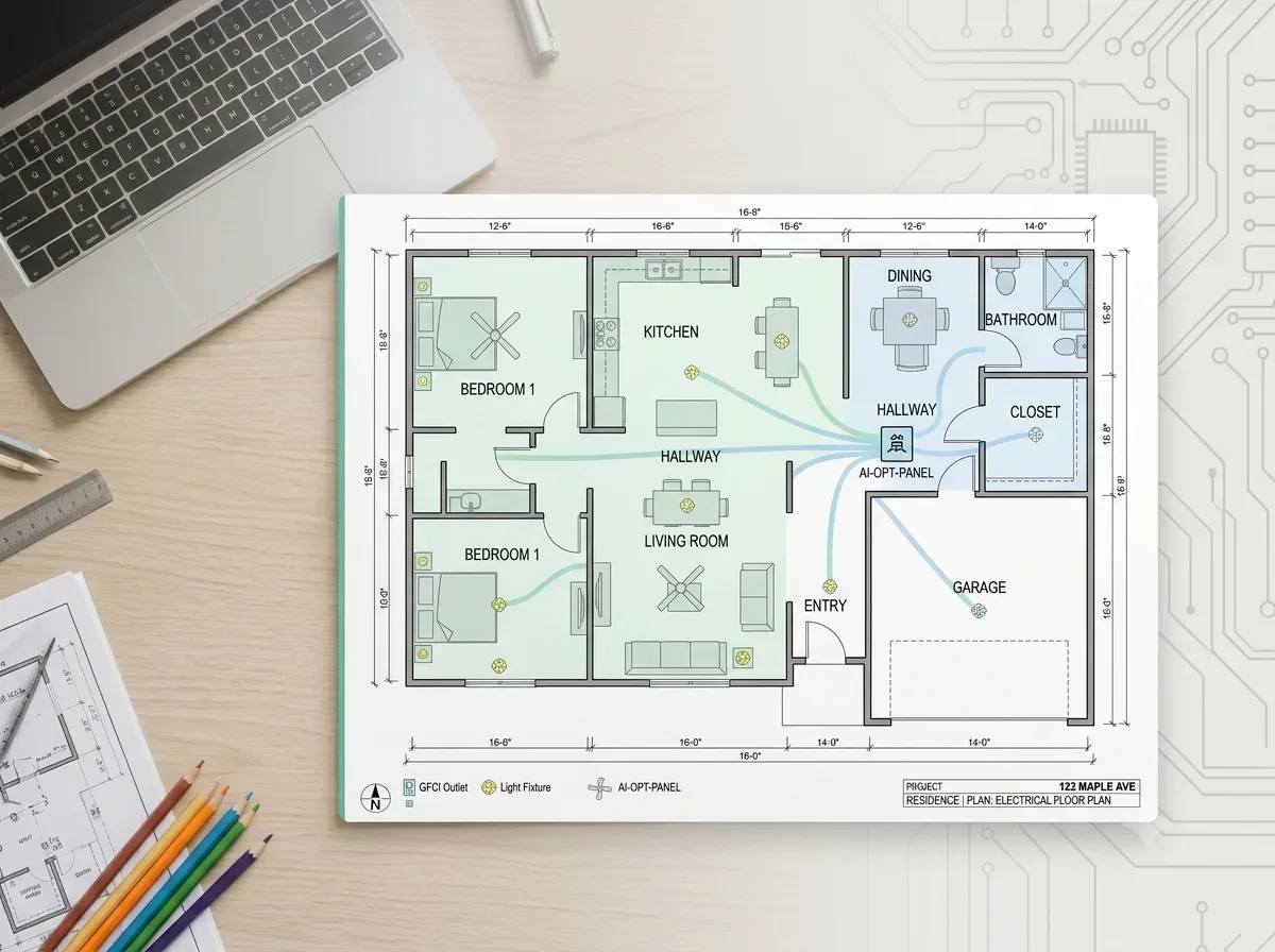 Residential electrical plan on a desk, with circuit runs from each room to one panel