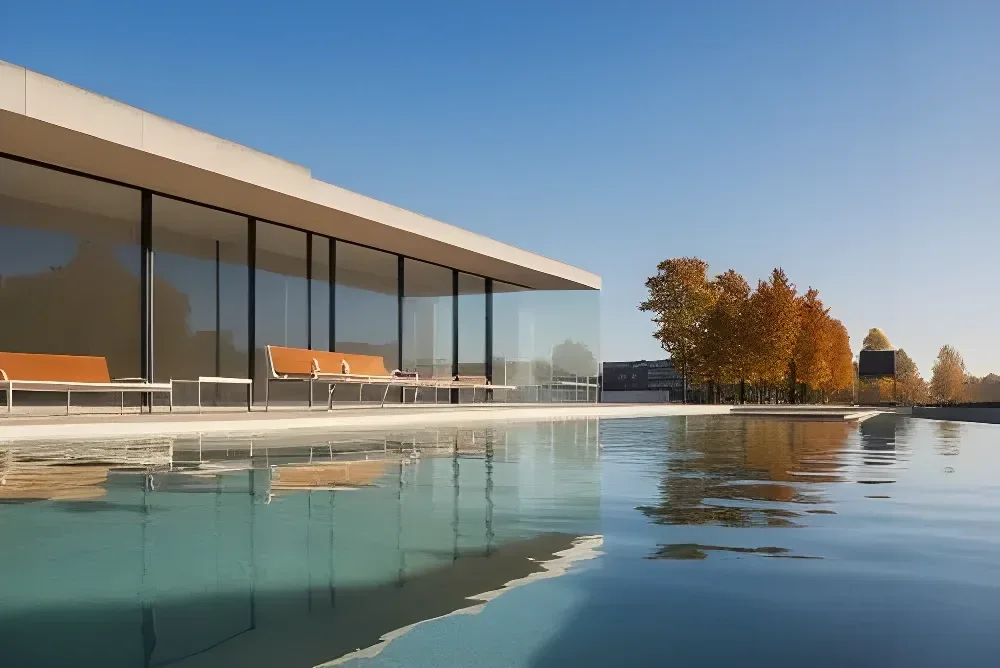 Glass-walled pavilion with orange benches beside a reflecting pool and autumn trees
