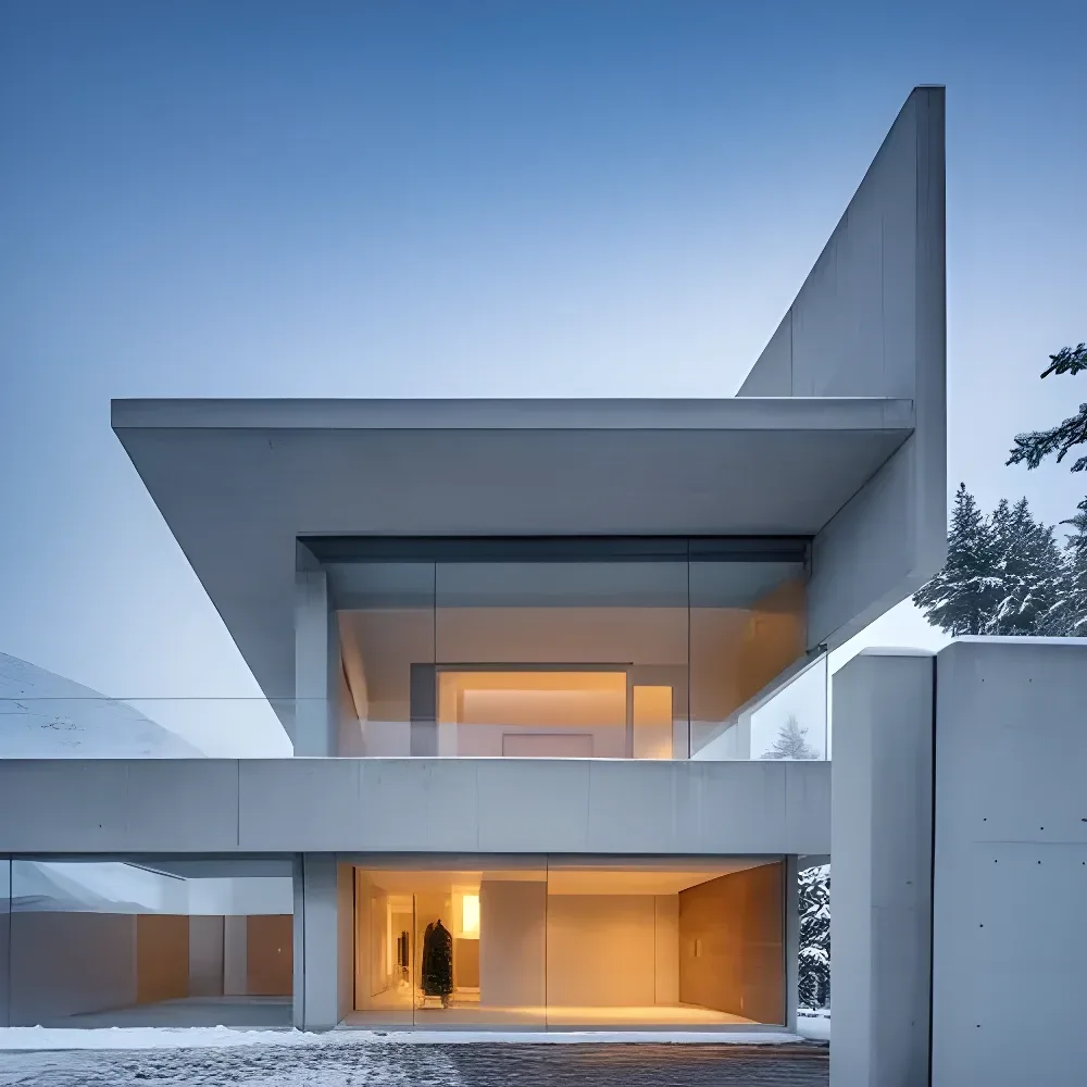 Concrete house with glazed walls in a snowy setting with pine trees