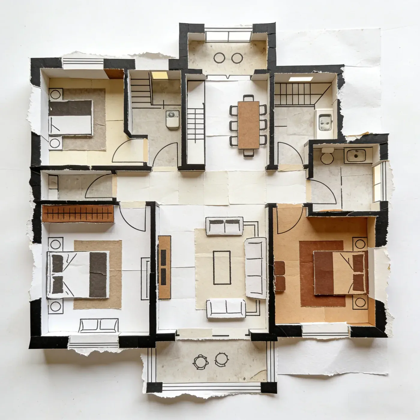 Paper collage of a floor plan with torn edges, card and kraft-paper textures and furniture cut-outs