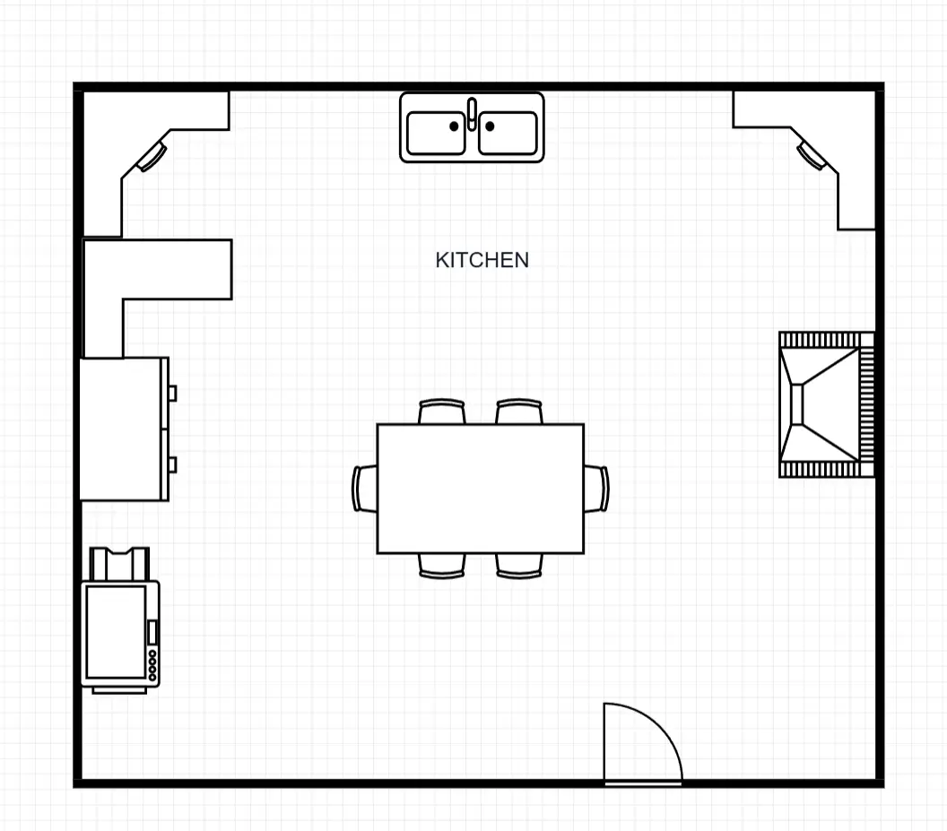Single-room kitchen plan with a double sink, a dining table for six and a fireplace
