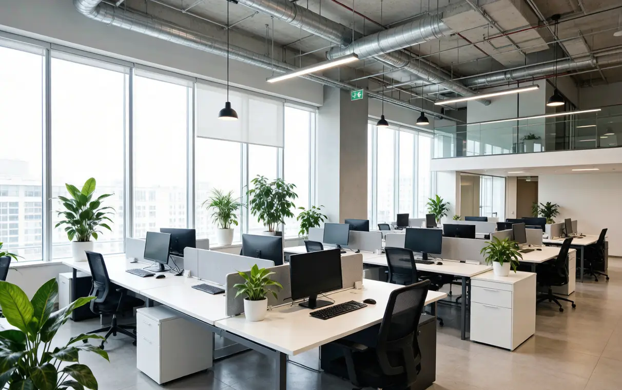 Open-plan office with white desks, black chairs, plants and exposed ductwork