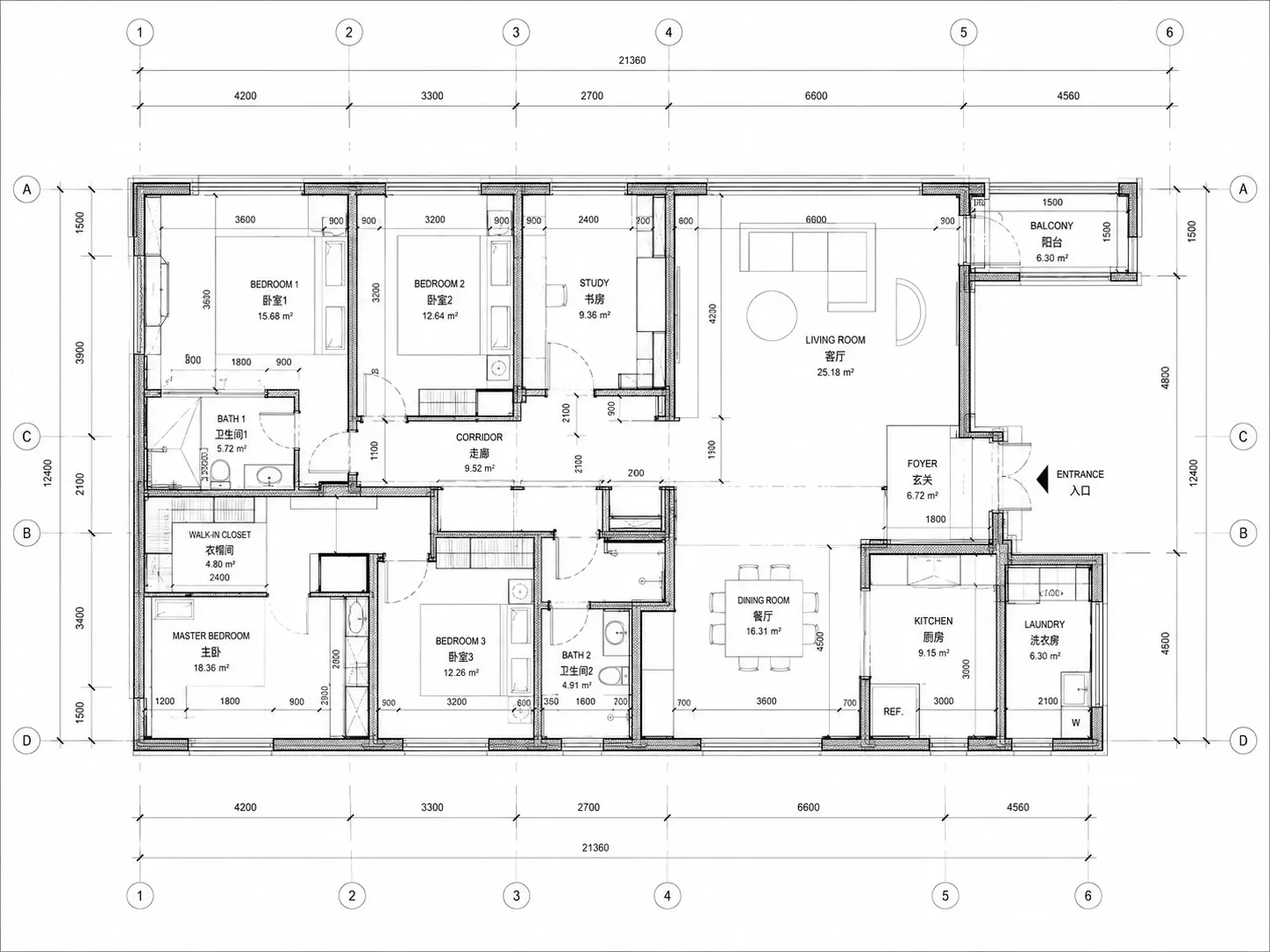 Technical floor plan with grid axes, dimension chains and labelled room areas