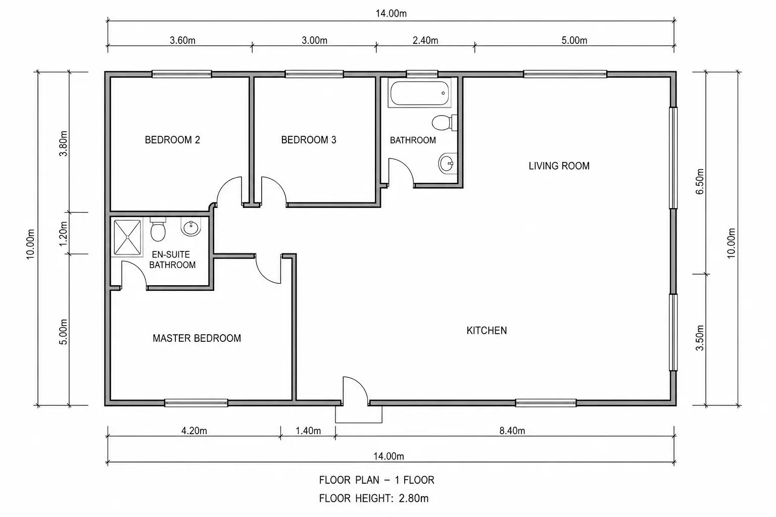 Black-and-white technical plan of a three-bedroom home with dimension chains in metres