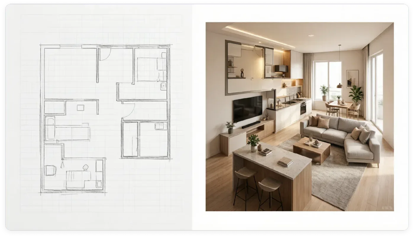 A pencil plan sketch beside a furnished living room render