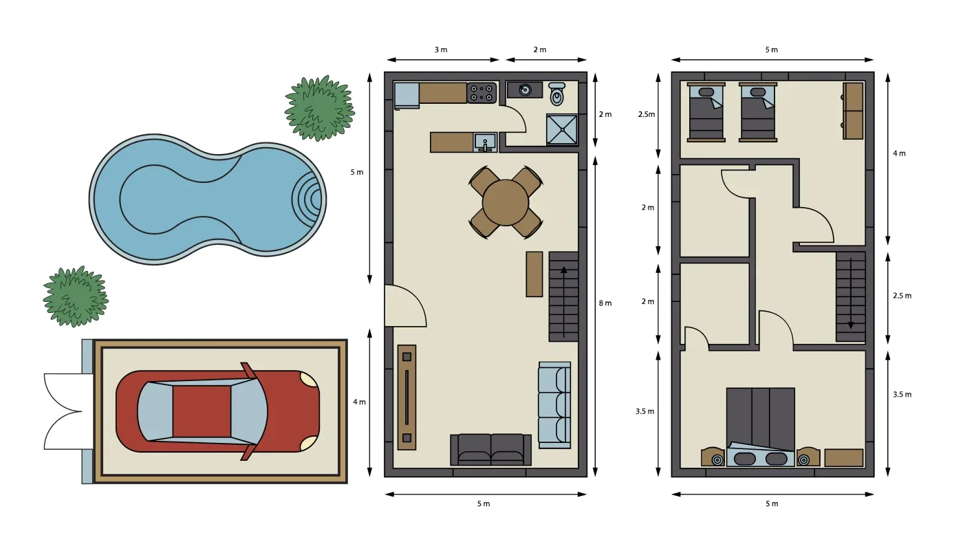 Colored 2D floor plan of a two-storey house with a garage and a pool