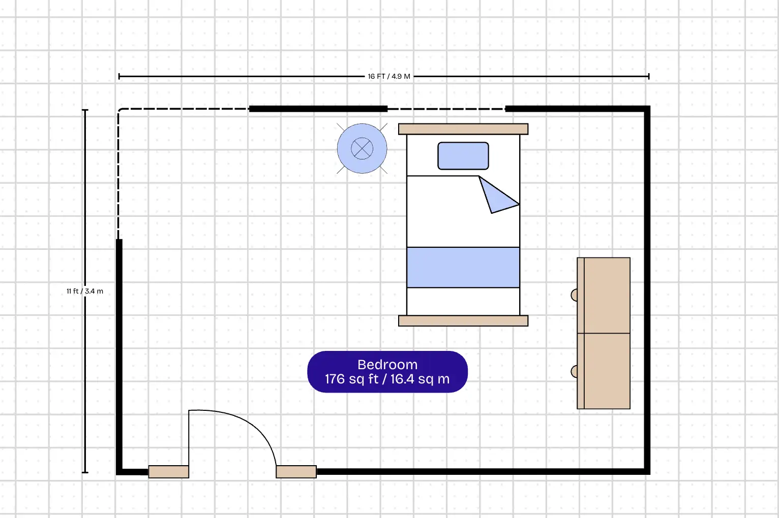 Bedroom plan labelled 176 sq ft / 16.4 sq m, with wall lengths in feet and metres