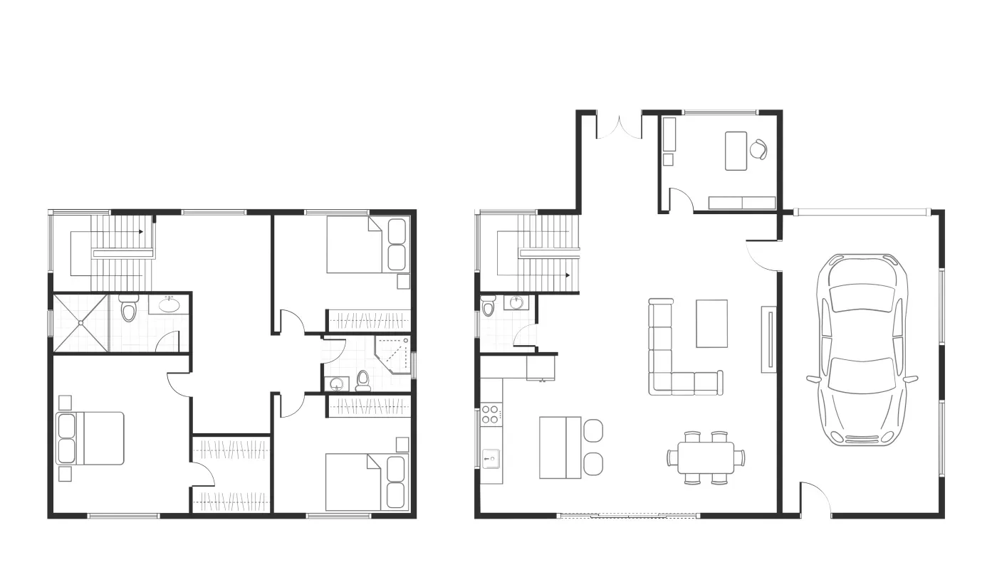 Black-and-white plans of a two-storey house: bedrooms upstairs, living space and a garage below