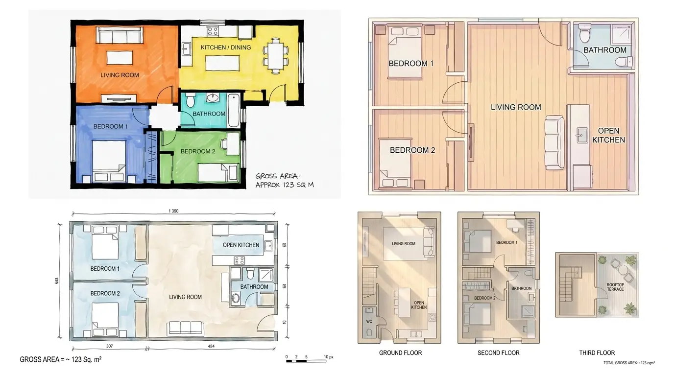 Four floor plans in colour, timber and watercolour finishes, two noting a gross area of about 123 m²