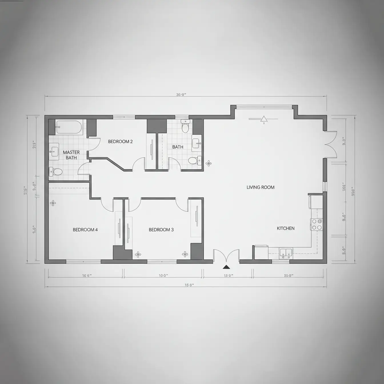 Technical floor plan drawn in thin black line work on white, with room labels and dimension strings