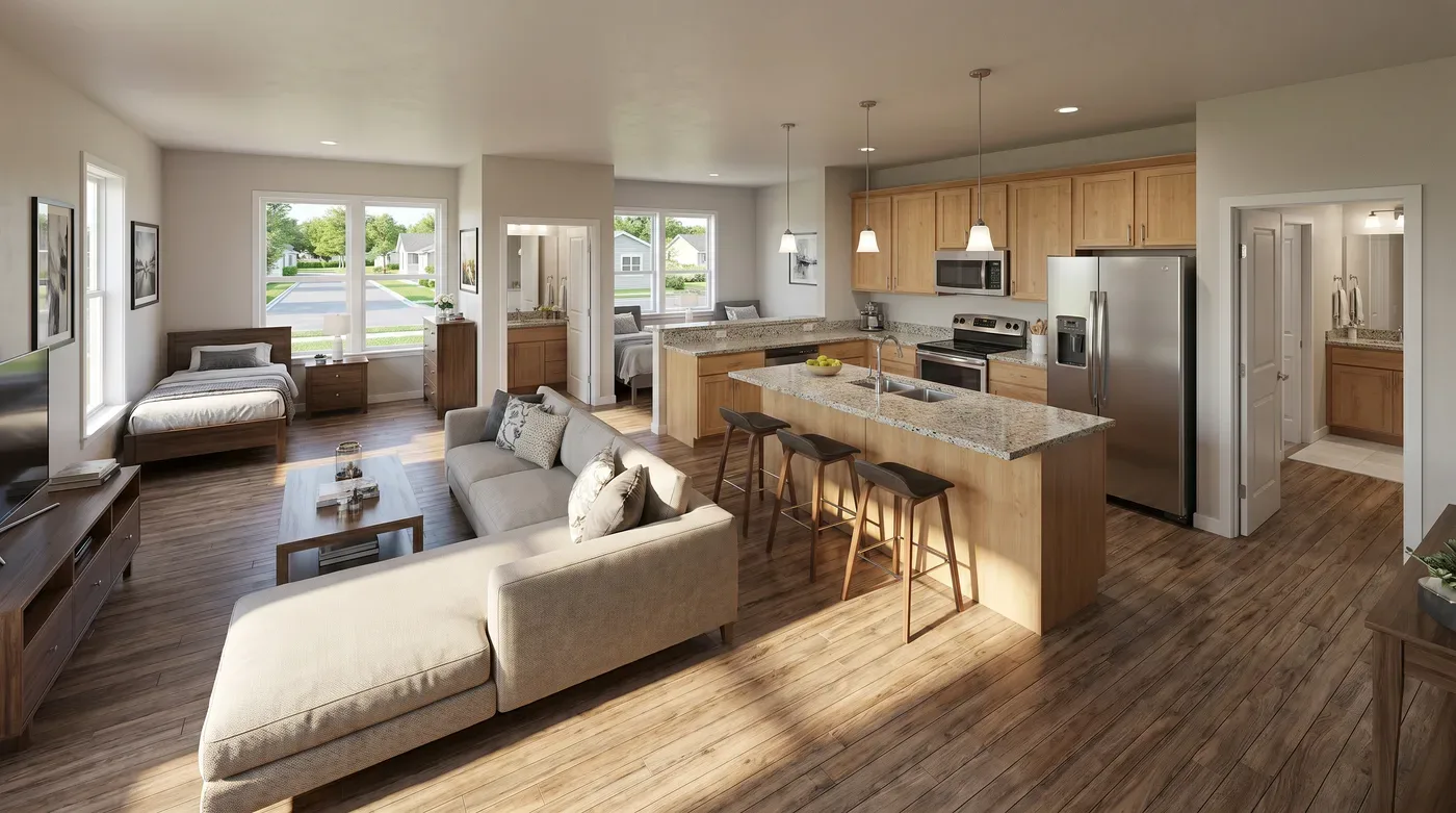 Eye-level render of an open-plan living room and kitchen