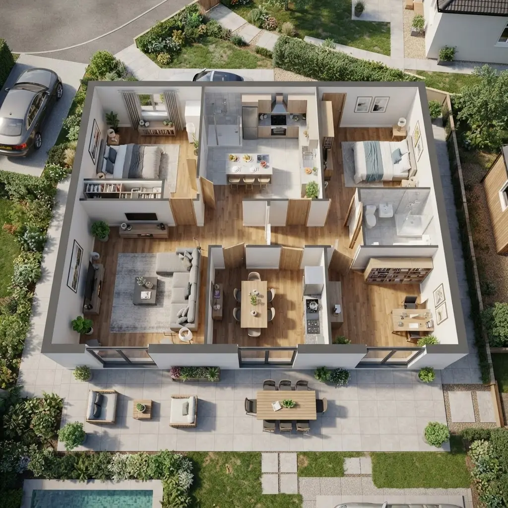 Overhead furnished cutaway of a single-storey home with its garden and pool