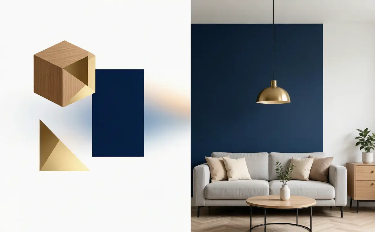 Wood, brass and navy material swatches beside a living room finished in the same palette