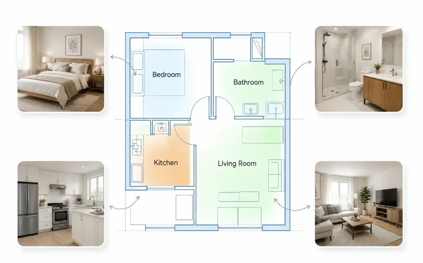 Floor plan with labelled rooms, each linked to a furnished image of that room