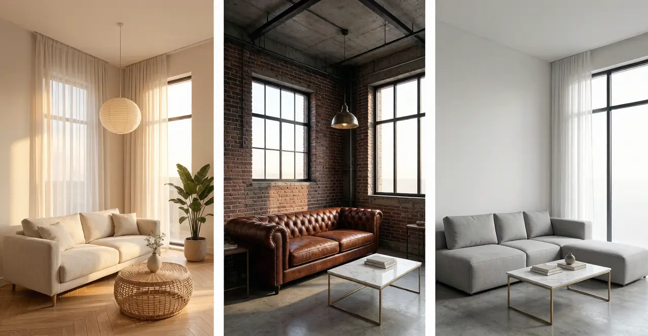 The same room rendered in several interior styles side by side