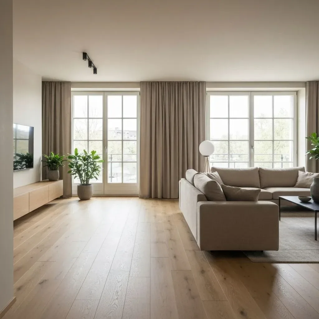 Furnished living room with oak floors, an L-shaped sofa and tall windows