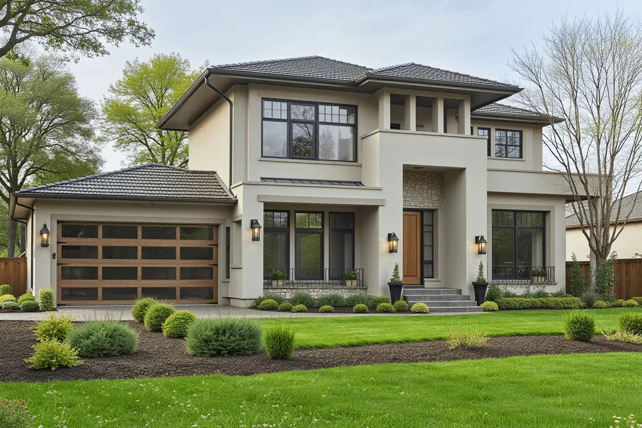 Two-storey stucco house with a front lawn and clipped shrub beds
