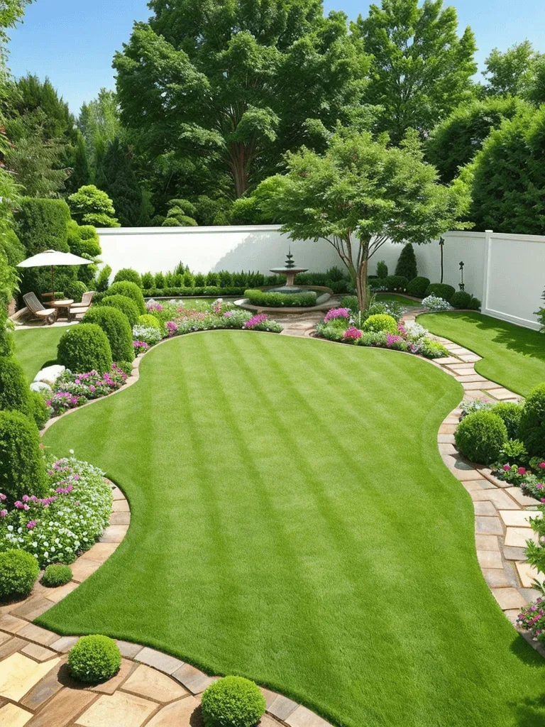 Walled garden with a striped lawn, curved flower beds, a fountain and a seating area