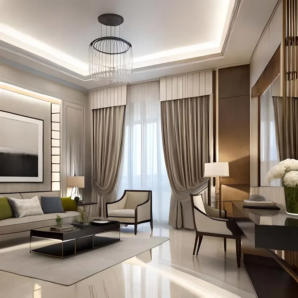 Formal living room render with a crystal pendant, long drapes and a glossy stone floor
