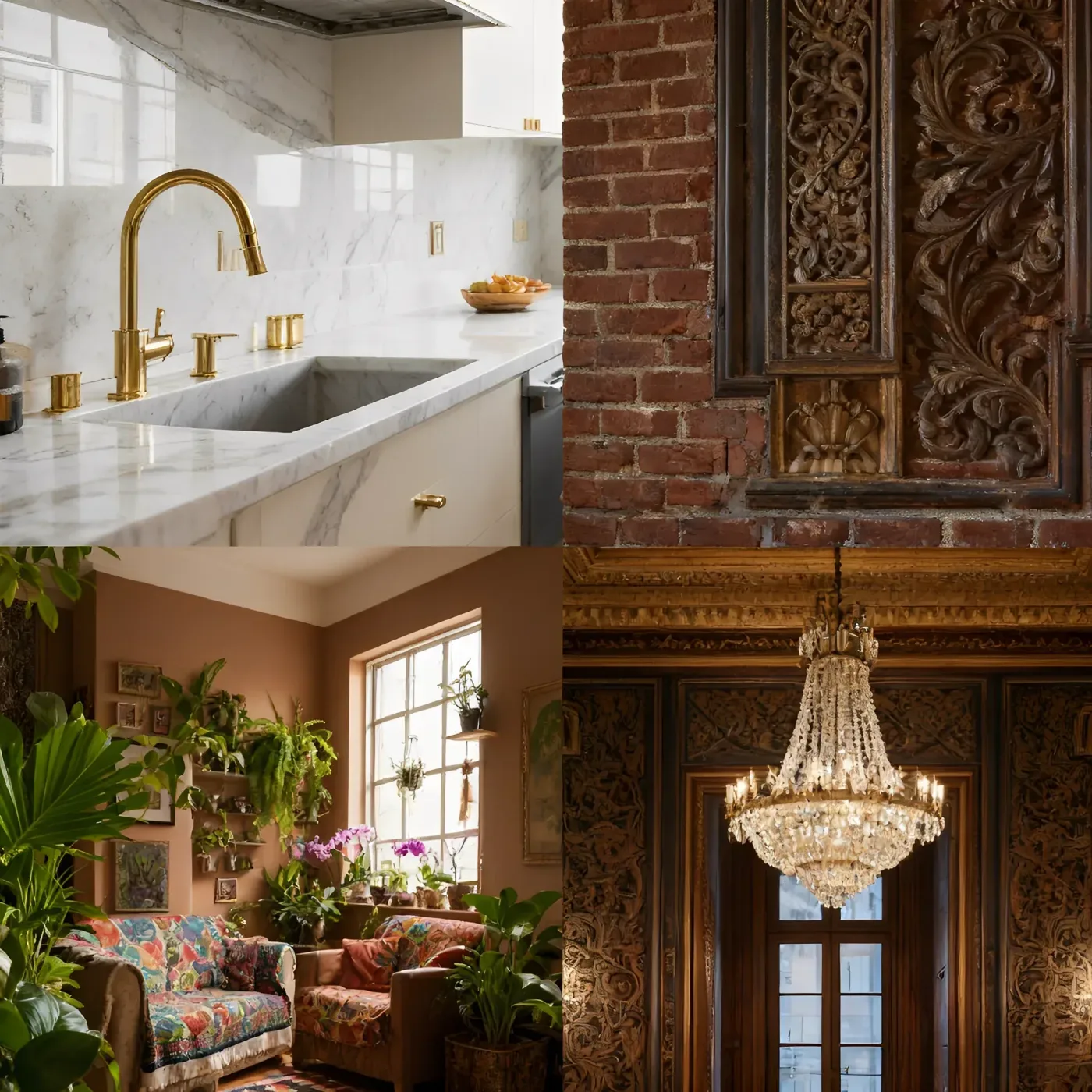 Four interior details: a marble kitchen sink, carved wood panelling, a plant-filled sitting room and a crystal chandelier
