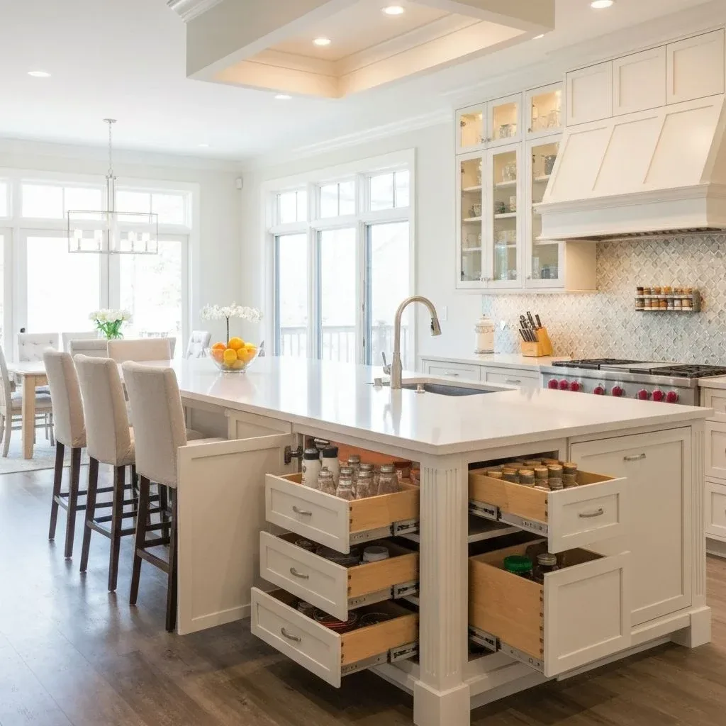 Kitchen island with pull-out drawers and bar seating beside a dining area