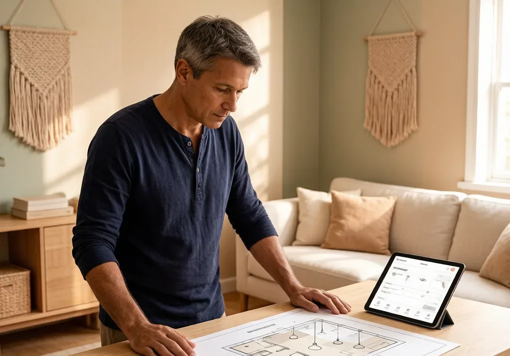 Man studying a printed lighting layout with pendant symbols at a table, a tablet beside it