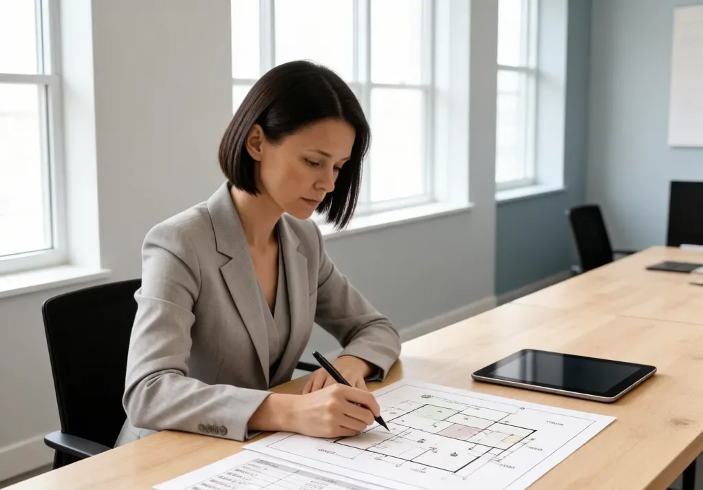 Woman marking up a printed floor plan with a pen at a meeting table