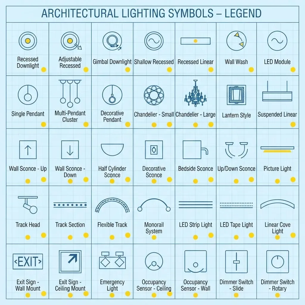 Legend sheet of architectural lighting symbols: downlights, pendants, sconces, track, sensors and dimmers