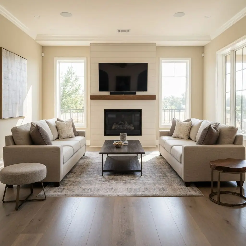 Living room with two facing sofas and a TV mounted above the fireplace