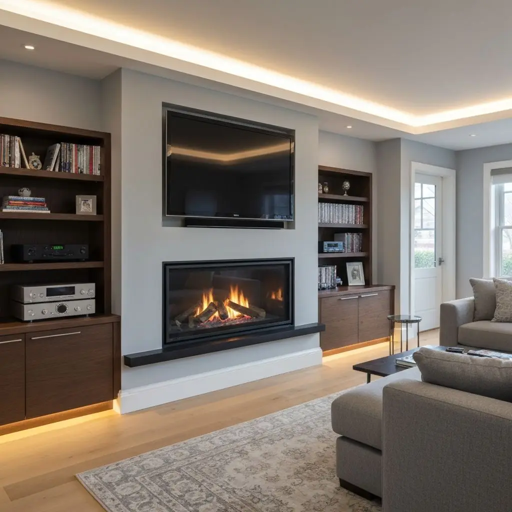 Living room with a TV above a gas fireplace, built-in shelving and a grey sectional