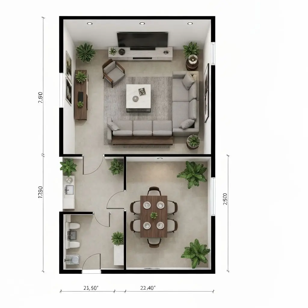 Open-plan living room connected to the dining area and kitchen