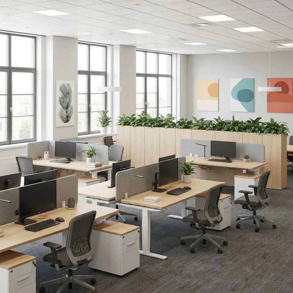 Open office with rows of sit-stand desks, grey chairs and a planted storage wall