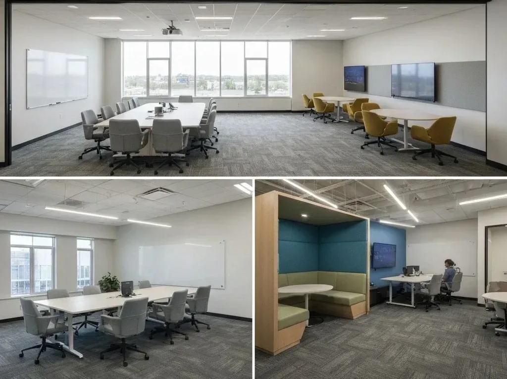 Three meeting spaces: a boardroom table, a smaller meeting room and a booth with bench seating