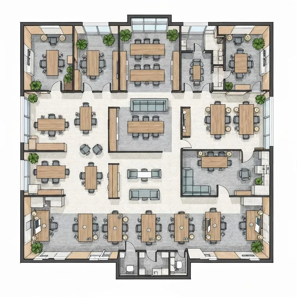 Office plan with reception, break area and storage drawn in