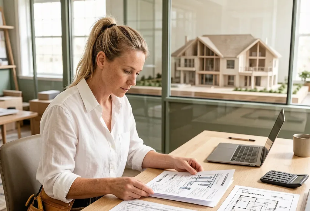 Woman reviewing printed plumbing drawings at a desk with a laptop and calculator