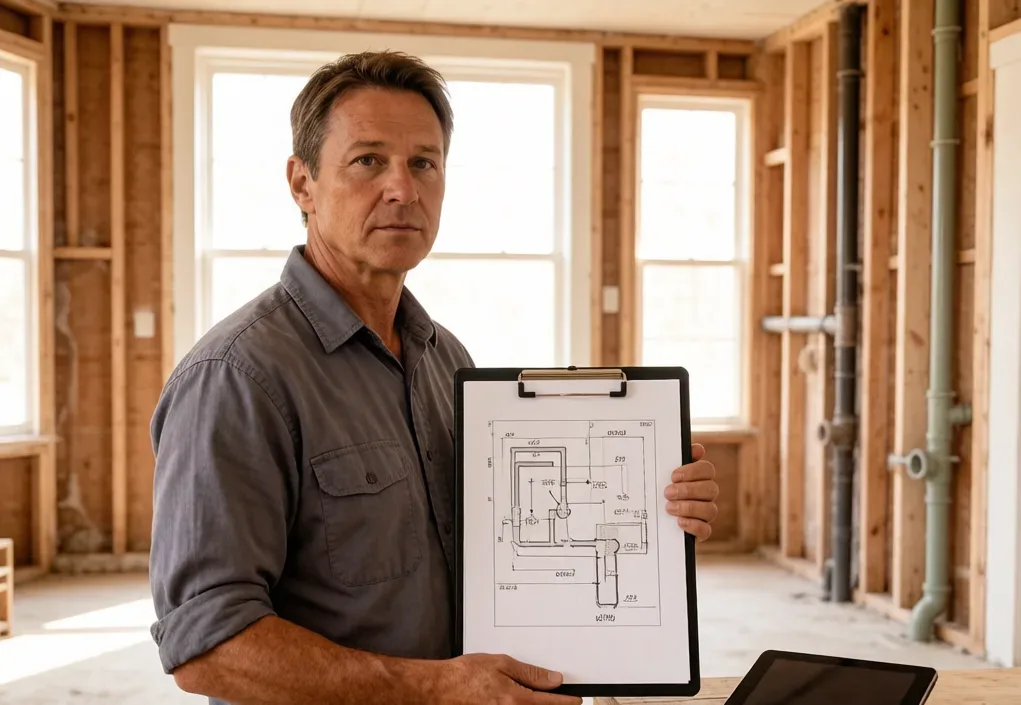 Plumber holding a clipboard with a pipe sketch in a stripped-back room with exposed pipes
