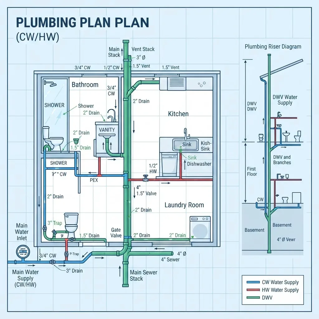 Plumbing plan with supply and waste runs drawn in different colours