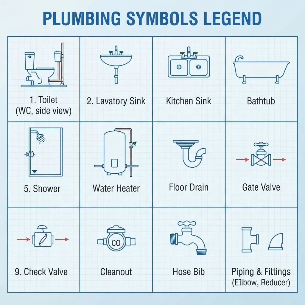 Plumbing symbols legend: toilet, sinks, bathtub, shower, water heater, drain, valves and cleanout