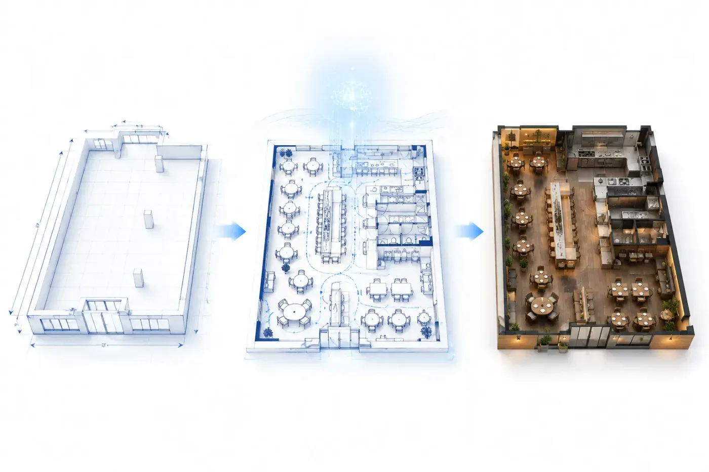 An empty shell, a restaurant seating plan and a furnished cutaway shown in three stages