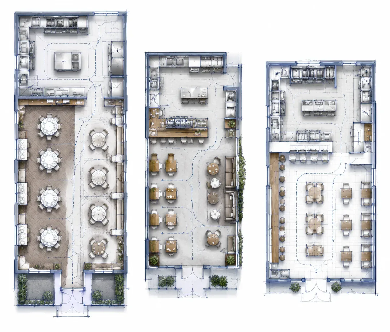 Several restaurant seating layouts for the same room