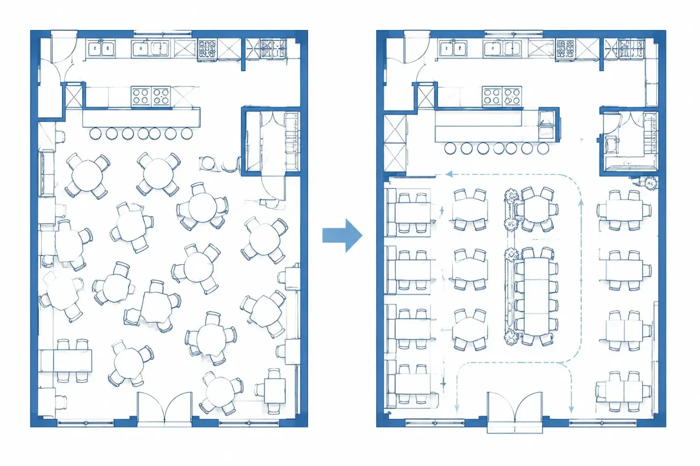 Restaurant plan with tables, booths and covers laid out across the dining room
