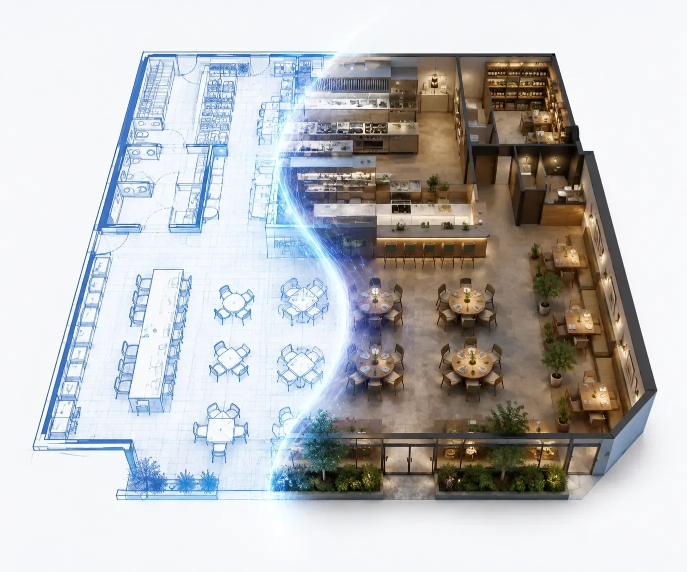 Restaurant plan with the bar, kitchen and back-of-house areas drawn in