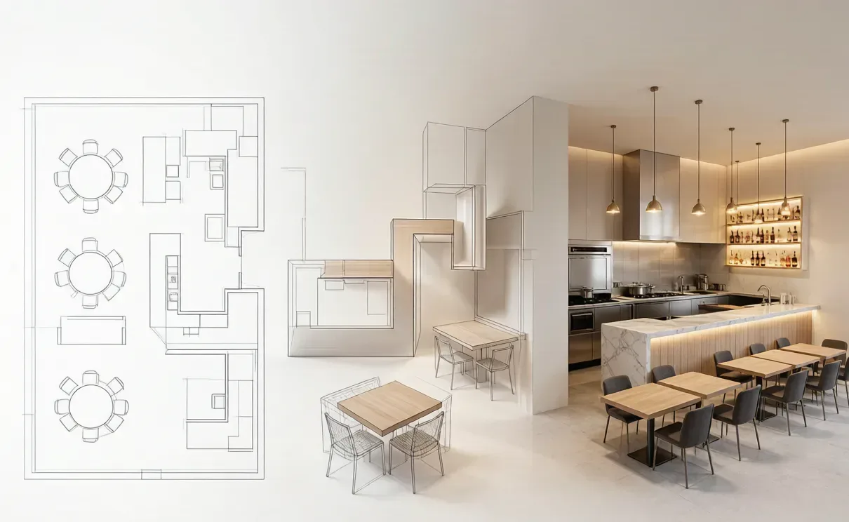 Line drawing of a restaurant plan turning into a finished dining room and bar
