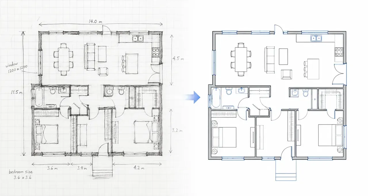 Hand sketch converted to a floor plan