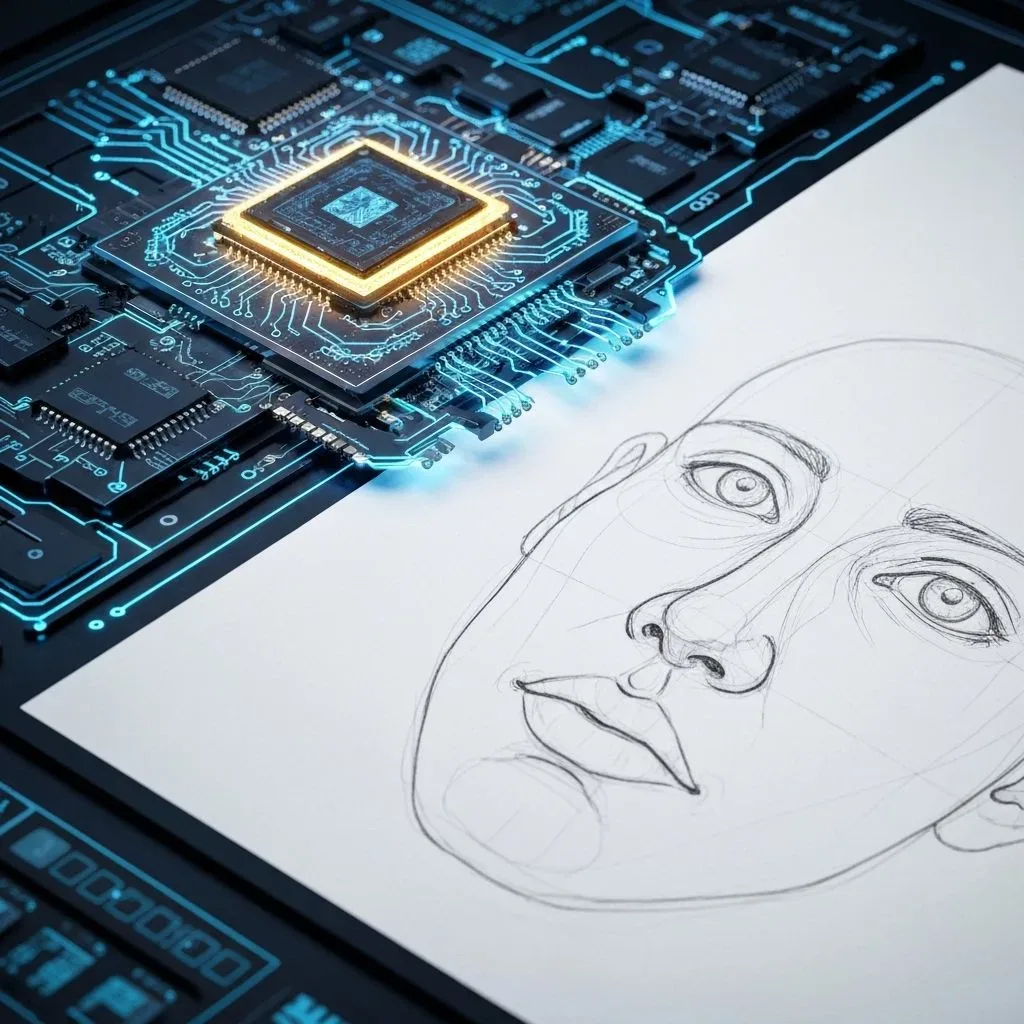 Pencil sketch of a face on paper beside a glowing circuit board