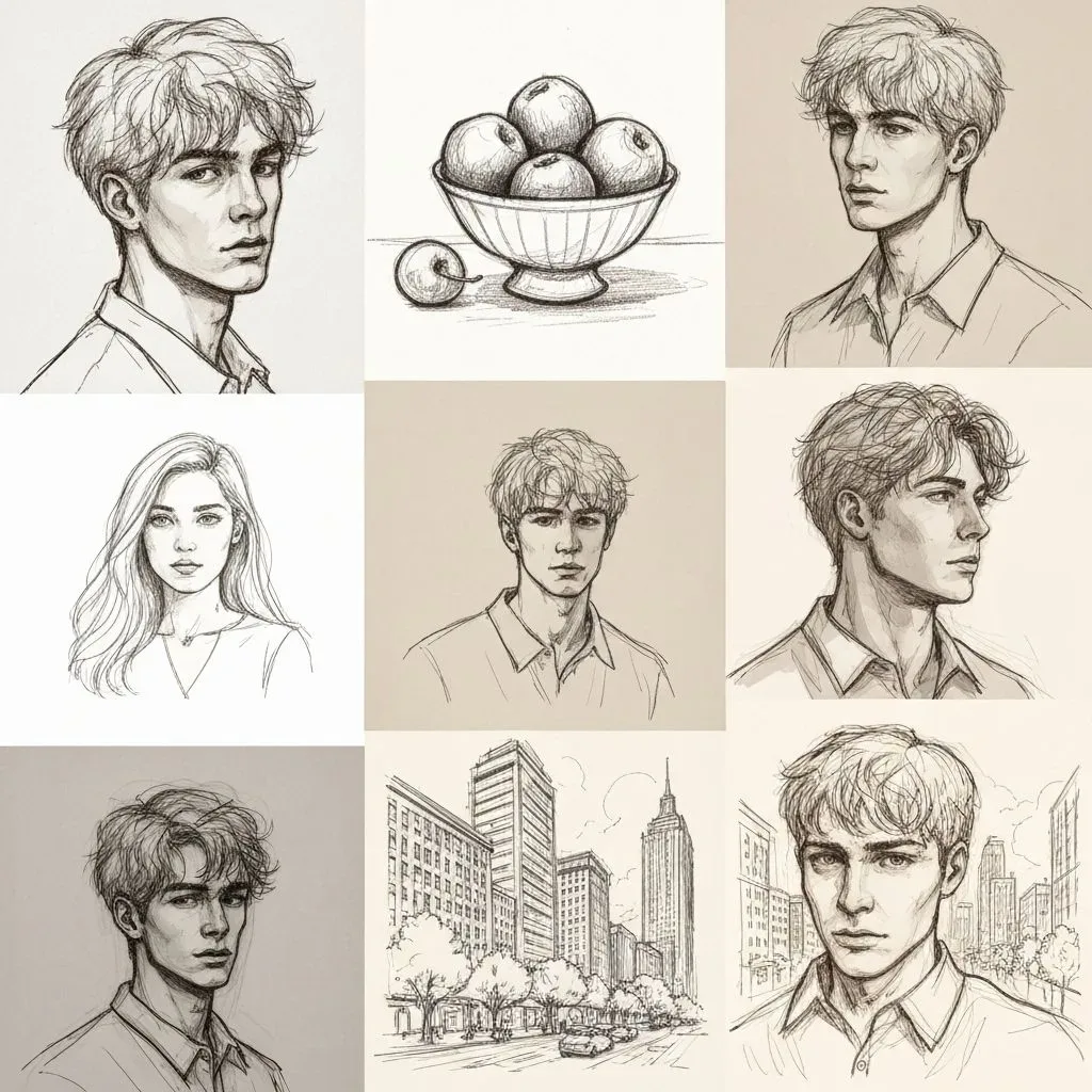 Grid of pencil drawings: portraits, a fruit bowl and a city street