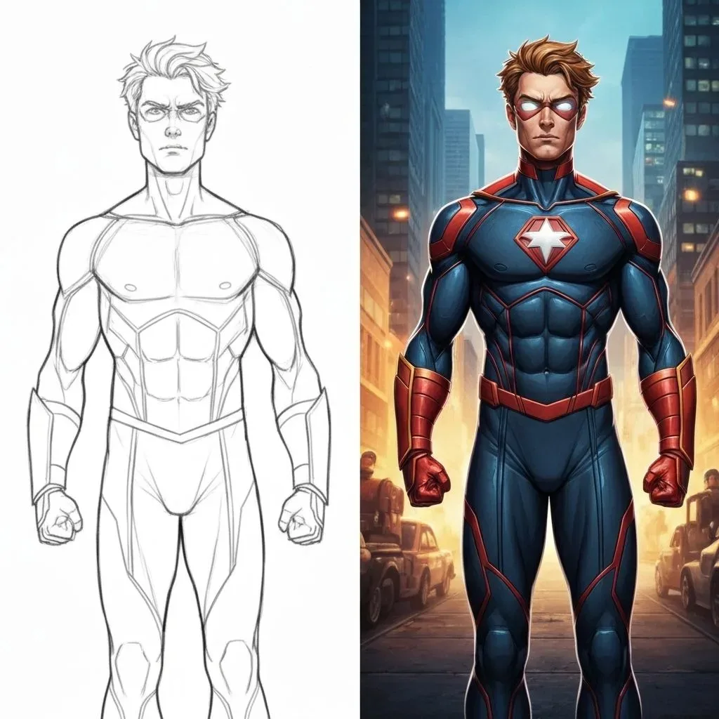 A line sketch beside the rendered image made from it