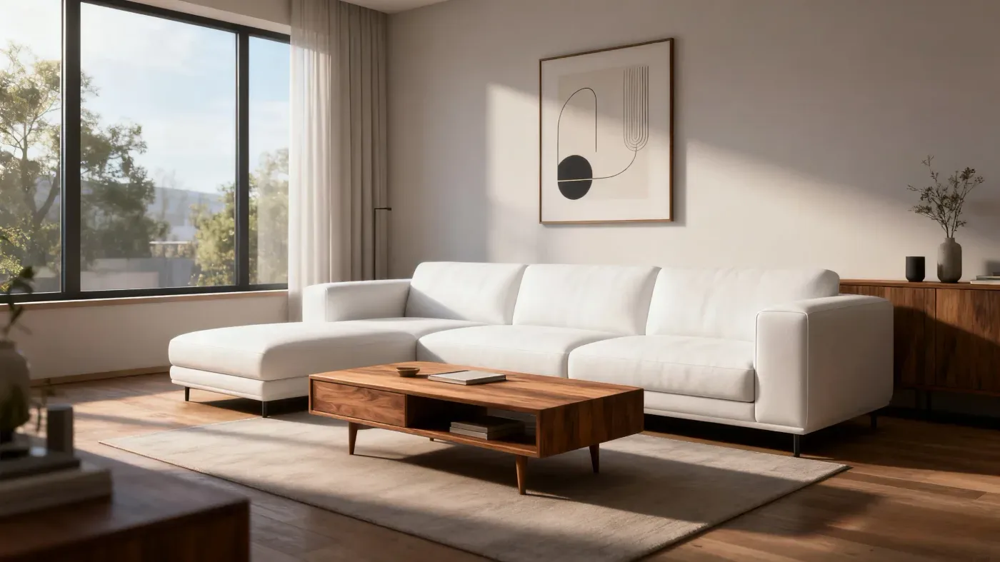 Living room staged with a white sectional sofa, a walnut coffee table and a rug